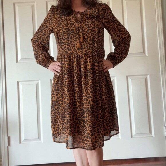 Womens Babydoll Dress Sz Small Leopard Lined Tassel Animal Print Boho Brown - Picture 2 of 16
